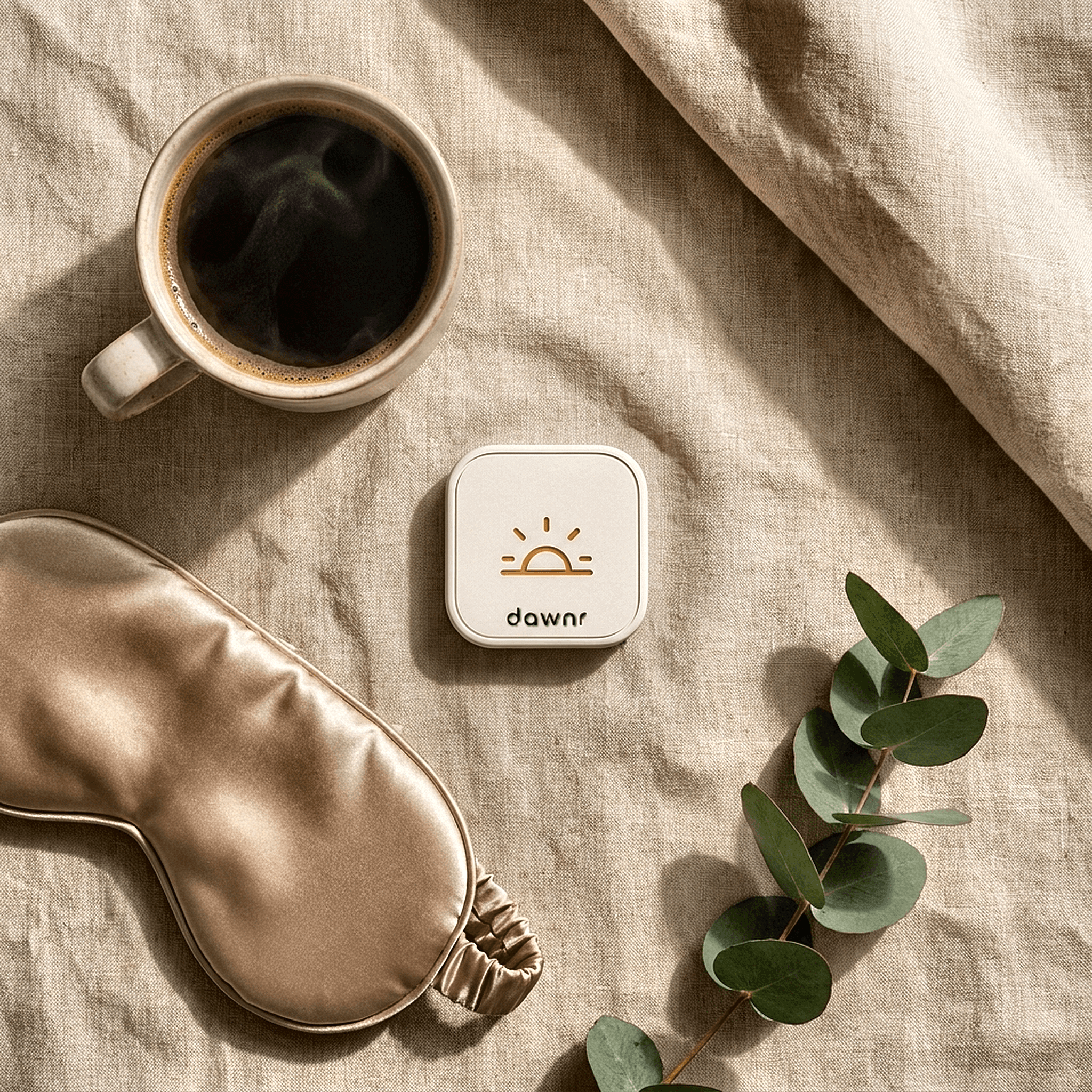 A dawnr on warm linen beside black coffee, a silk eye mask, and eucalyptus, a calm morning ritual.
