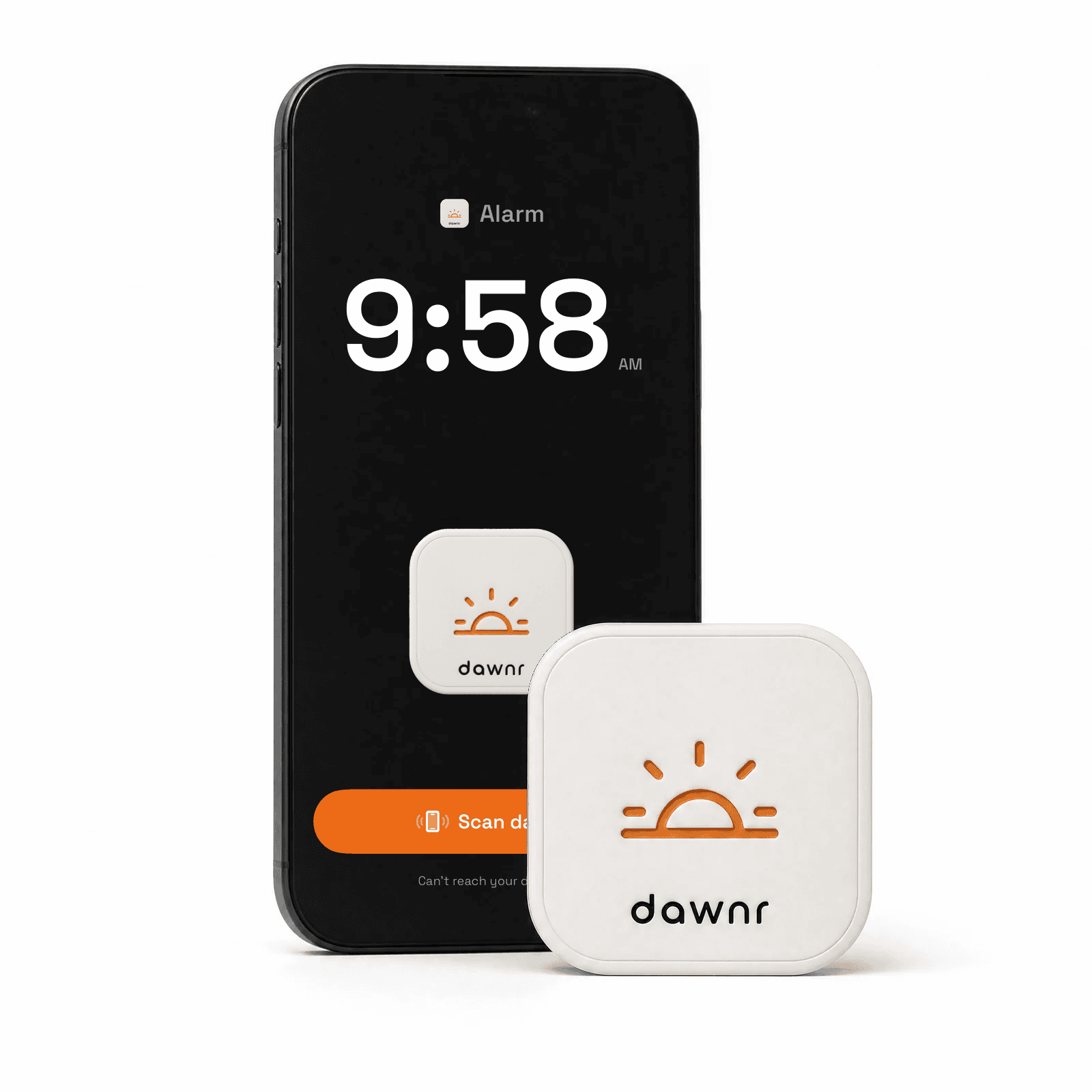 the dawnr beside an iPhone displaying the dawnr iOS alarm screen