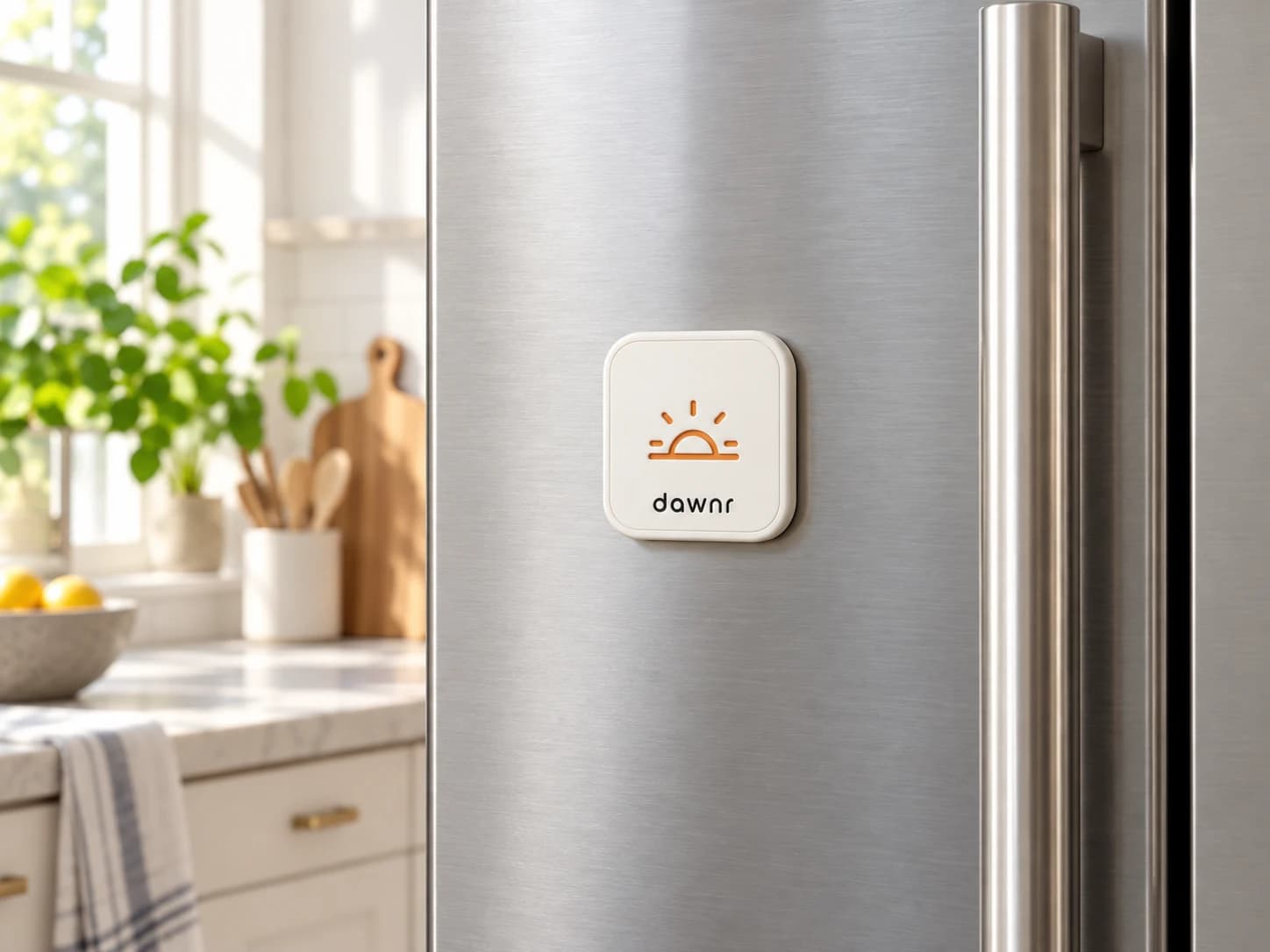 Small dawnr device mounted to a refrigerator in a bright kitchen