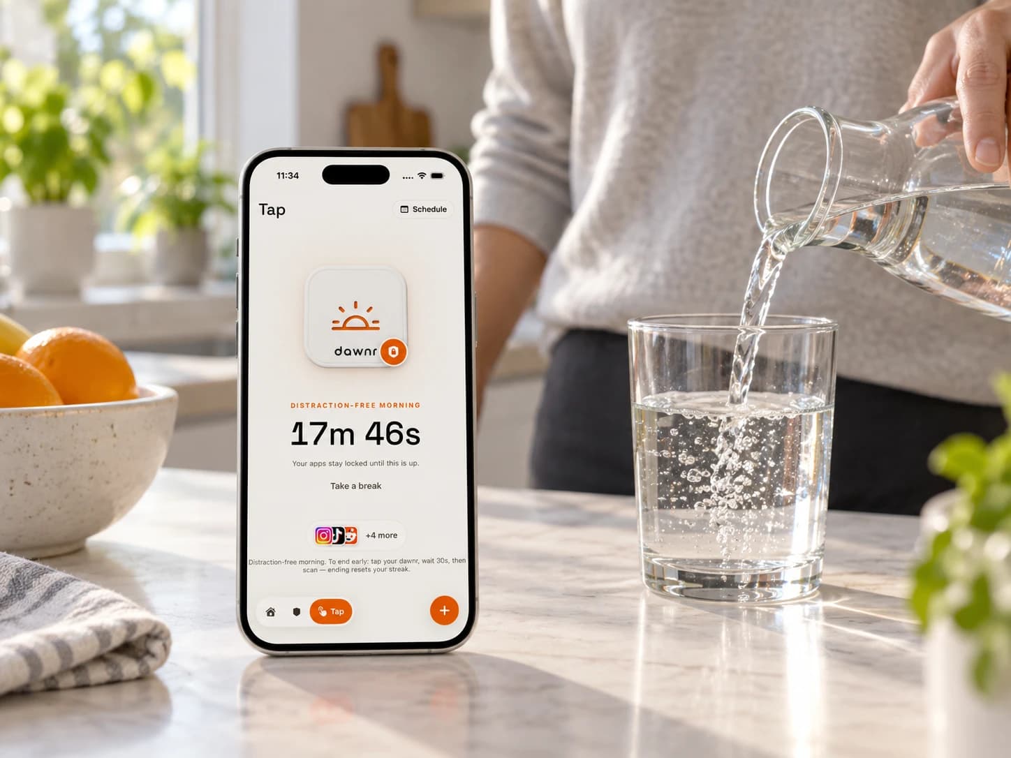 Morning app-lock countdown on an iPhone while someone pours a glass of water