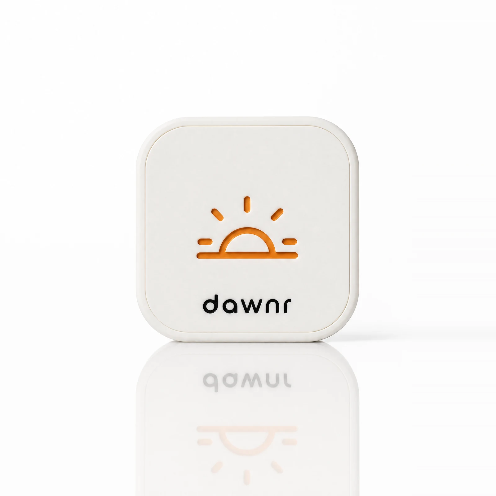 Head-on view of the white dawnr device with its orange sunrise mark