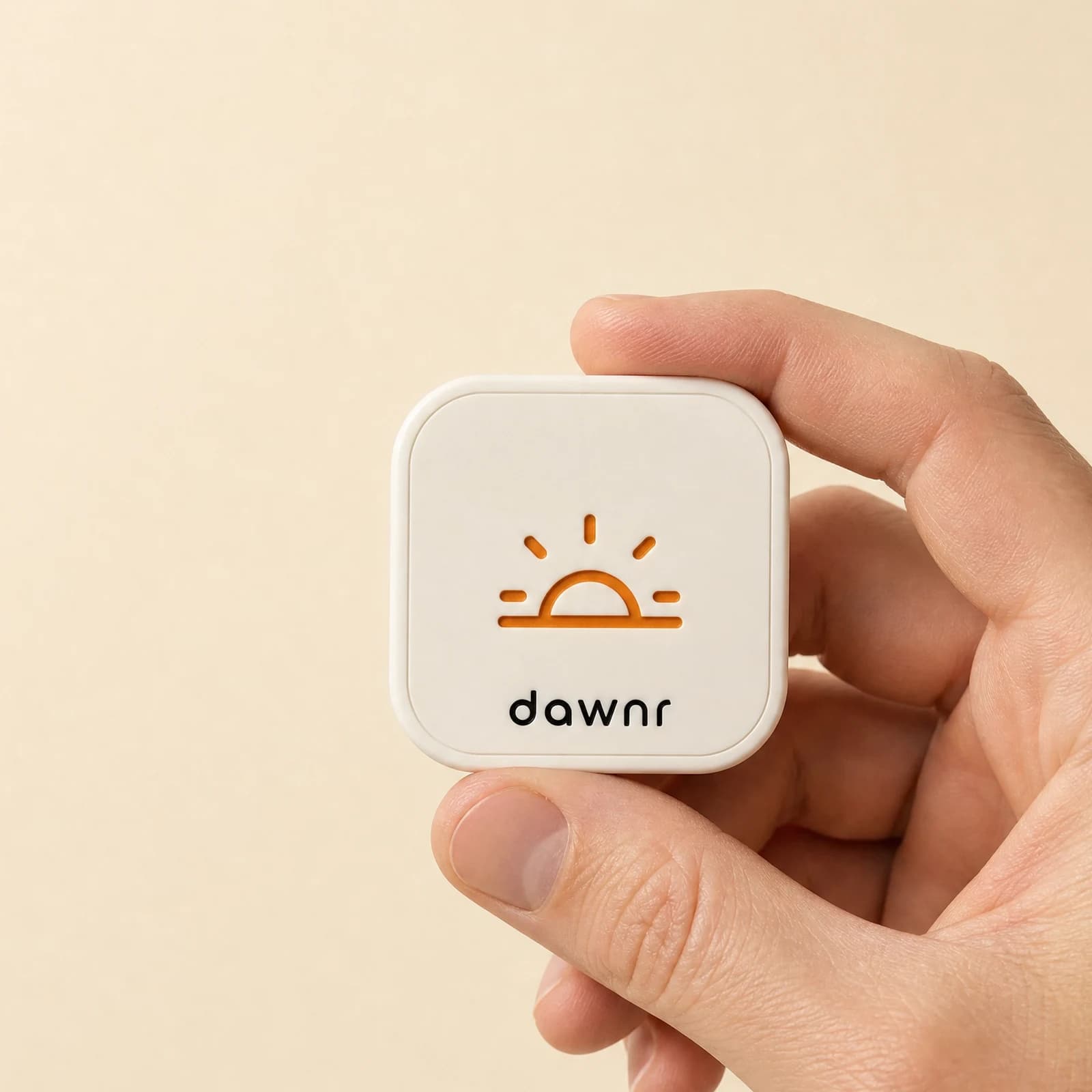 the dawnr held in one hand, soft white with the rising-sun mark