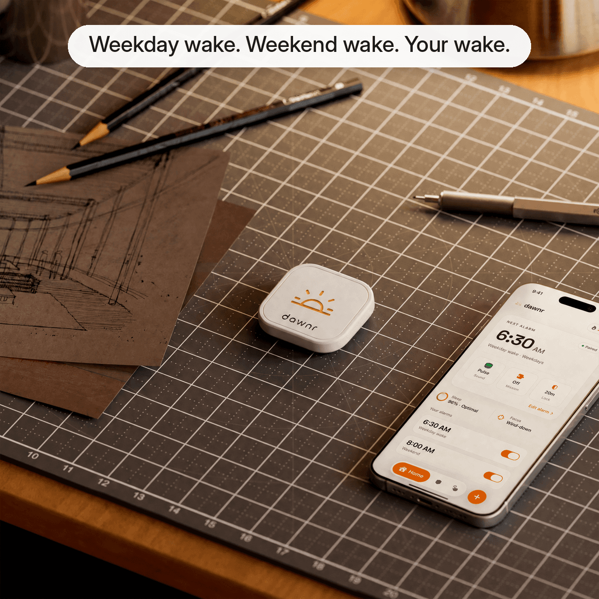dawnr on a desk with the app home screen