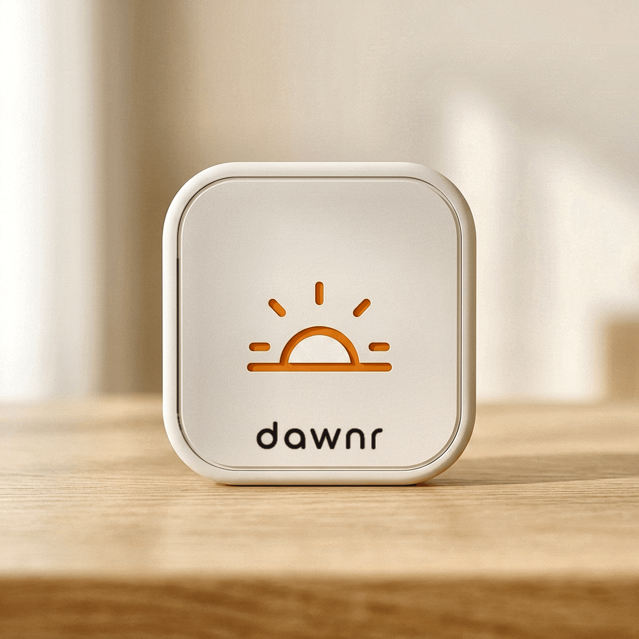 The dawnr, a slim matte warm-white squircle with an orange rising-sun mark and the dawnr wordmark inlaid into the top face.