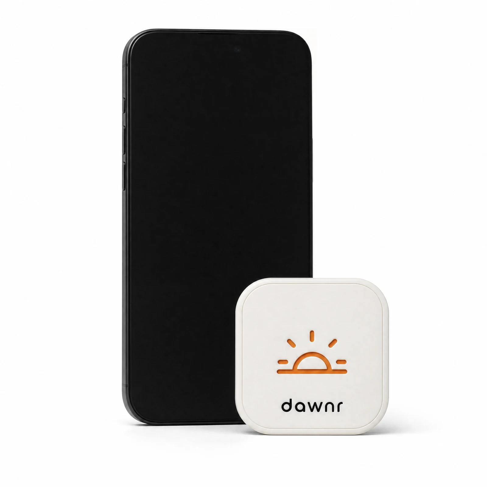 the dawnr beside an iPhone for scale, about two thirds the phone's width