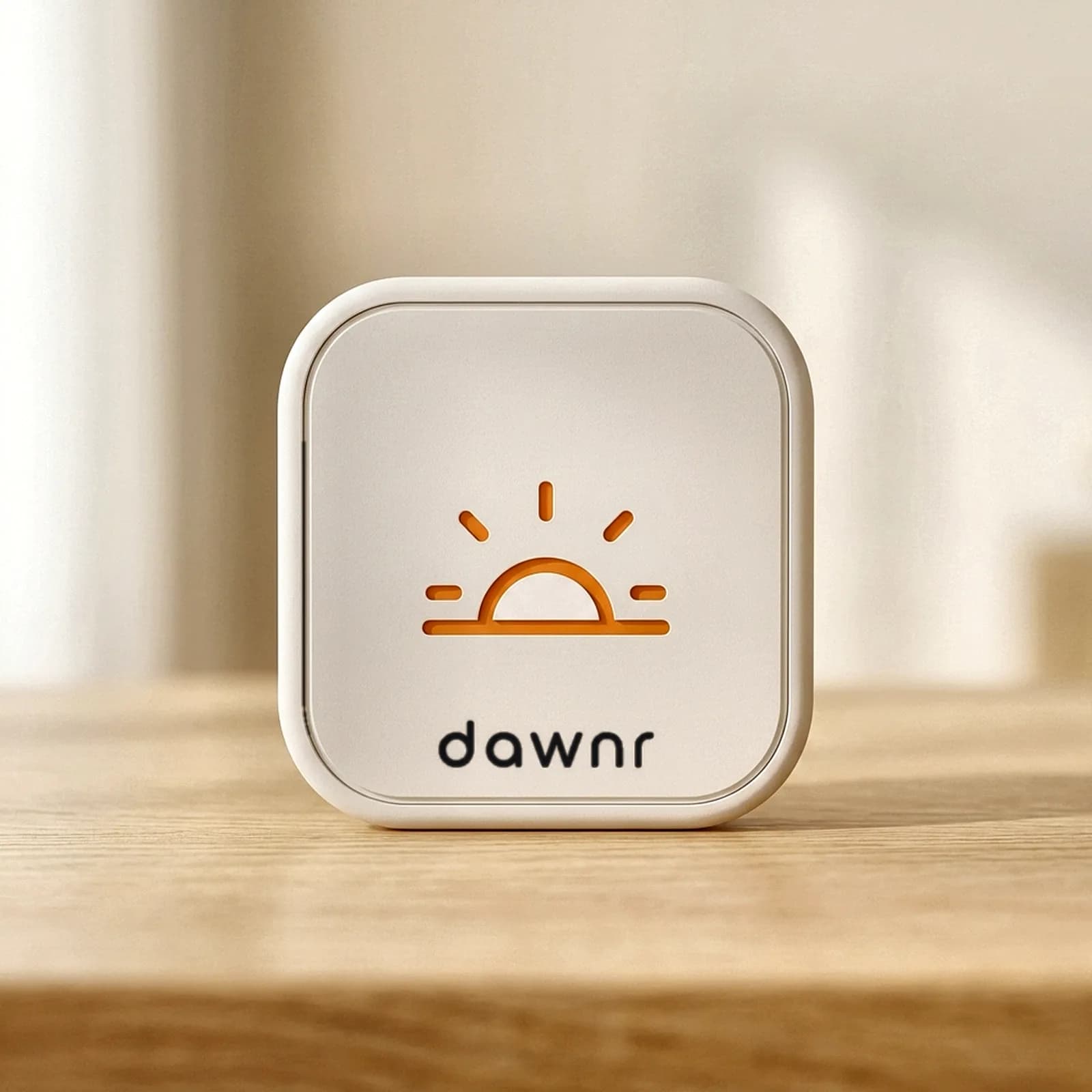 dawnr product shot — the slim matte warm-white squircle with the orange rising-sun mark and dawnr wordmark, resting on warm wood in soft morning light.