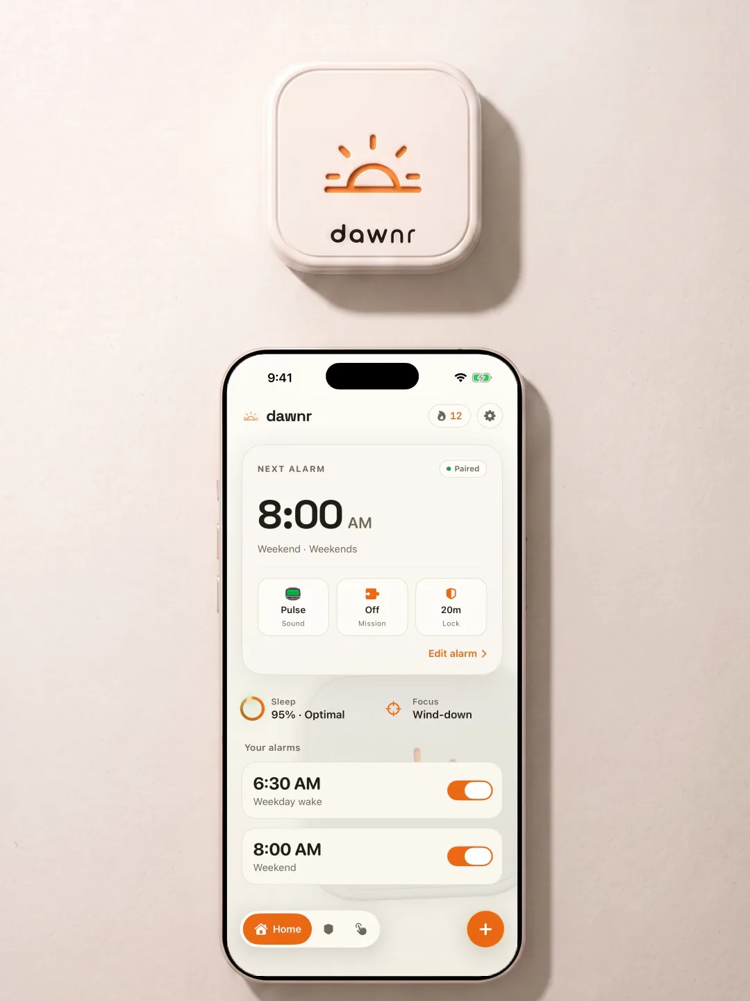 Setting up dawnr — pairing it, granting permissions, setting the alarm, and landing on the home dashboard.